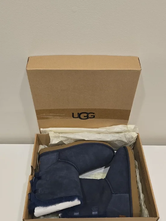 UGG Navy Short Suede Boots with Shearling Trim, 2x Bows On Each Boot - Picture 2 of 14